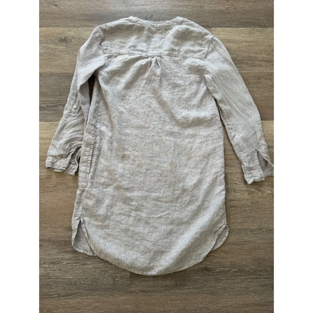 Tahari Womens XS 100% Linen Tunic Dress Oatmeal Beige Roll Tab Sleeve Pockets - Picture 6 of 7